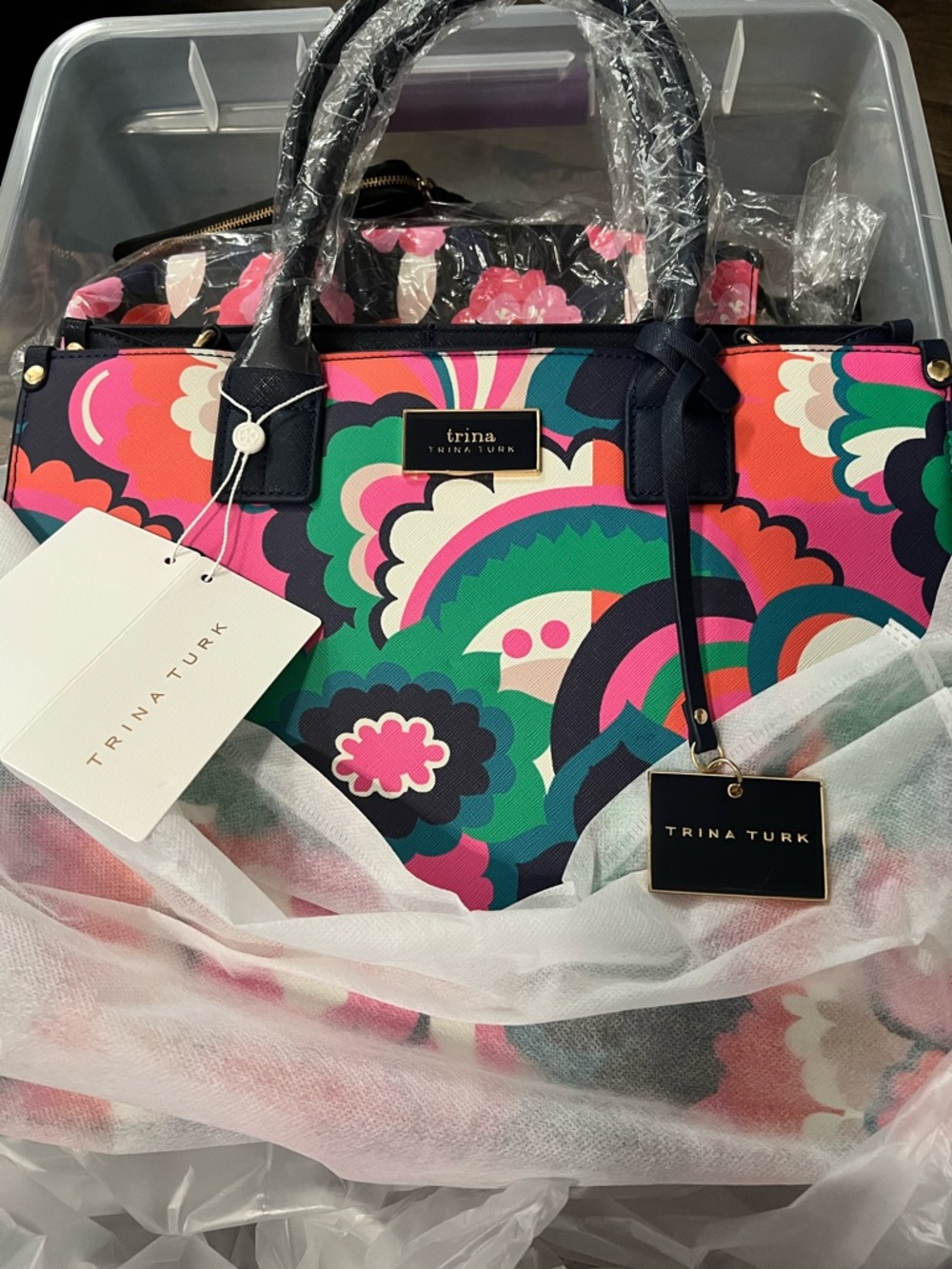 Trina Turk Navy Pink Teal Floral-Print Tote